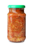 Jar with pickled vegetable sauce on white background