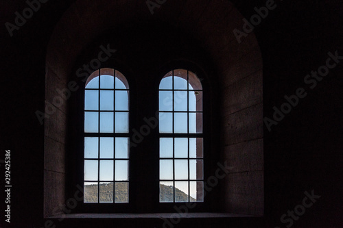 Windows of an old castle made of sandstone