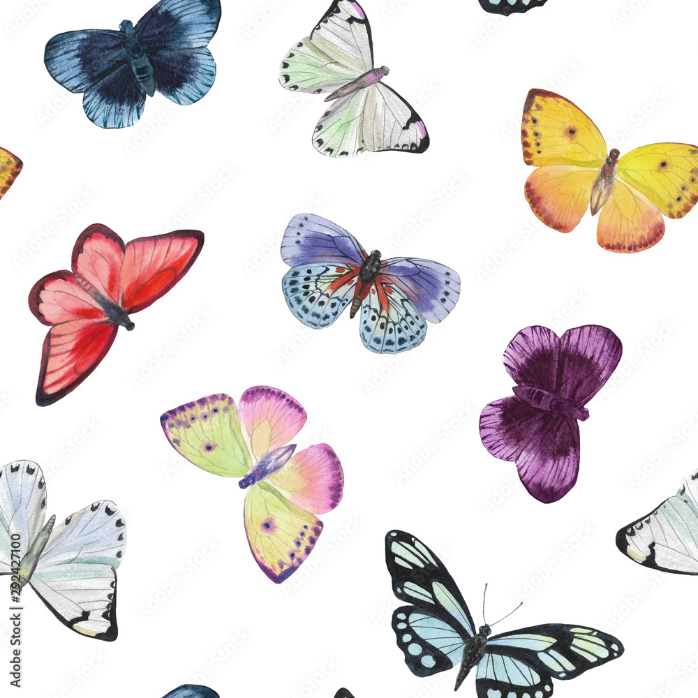 Butterflies on a white background.Watercolor Butterflies, Seamless Vintage Pattern Backdrop. Watercolor painted