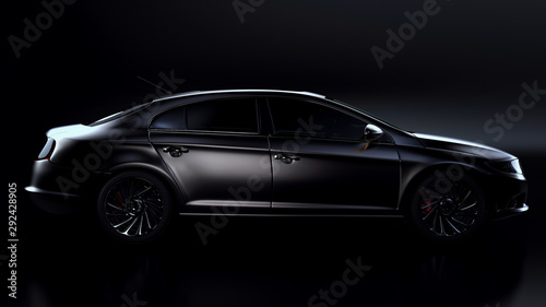 Black sedan on dark background. 3D render illustration.