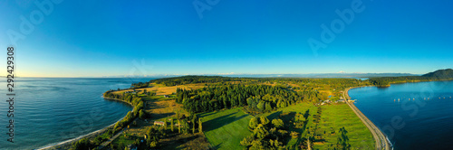 Aerial Panorama of Lummi Island  Washington. Located in the Puget Sound  Lummi Island is surrounded by the Salish Sea and is home to the famous Willows Inn and the last remaining reefnet salmon fleet.