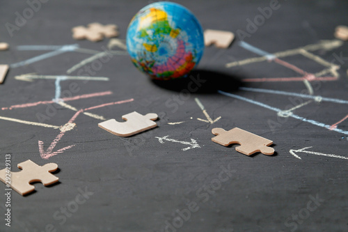 Global networking, blockchain, connecting technology, communities and social media marketing. Globe and puzzle piece