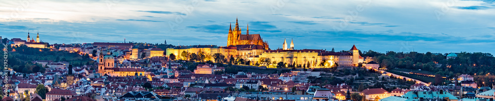 Prague Castle evening scenery. Hradcany with St Vitus Cathedral after sunset. Prague, Czech Republic