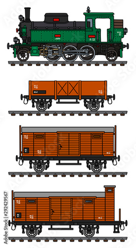 The vectorized hand drawing of a vintage freight steam train