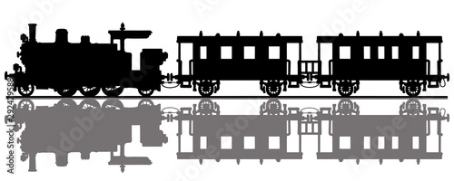 The black silhouette of a vintage passenger steam train
