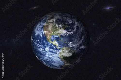 Fototapeta Naklejka Na Ścianę i Meble -  Planet Earth with night city lights in the space with far galaxy on the background. North and south America. Twillight. Blue planet. Science fiction. Elements of this image were furnished by NASA 