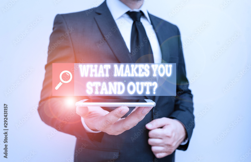 Word writing text What Makes You Stand Out Question. Business photo showcasing asking someone about his qualities Word writing text What Makes You Stand Out Question. Business photo showcasing asking someone about his qualities