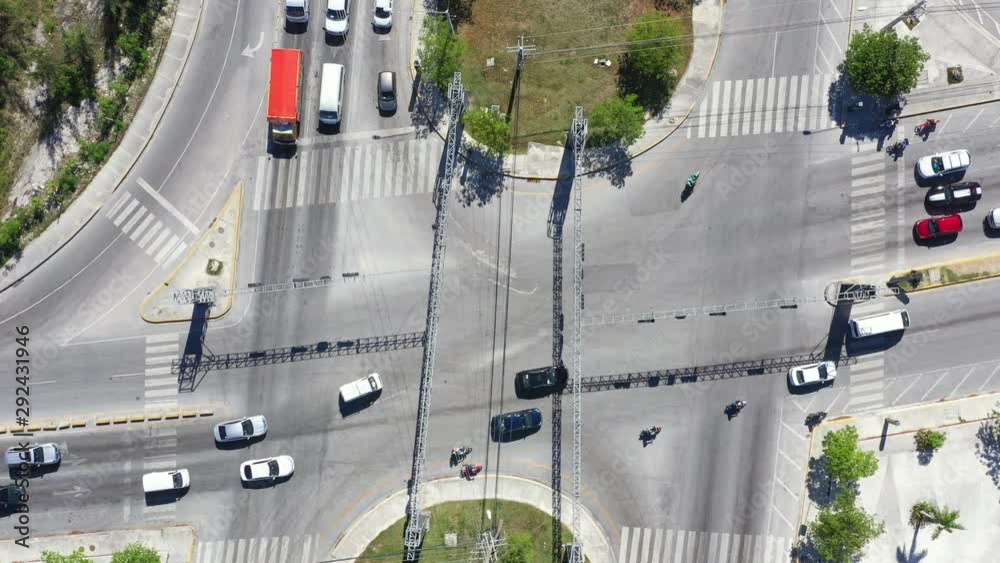 Aerial view from drone on crossroad with cars and traffic lights Aerial view from drone on crossroad with cars and traffic lights