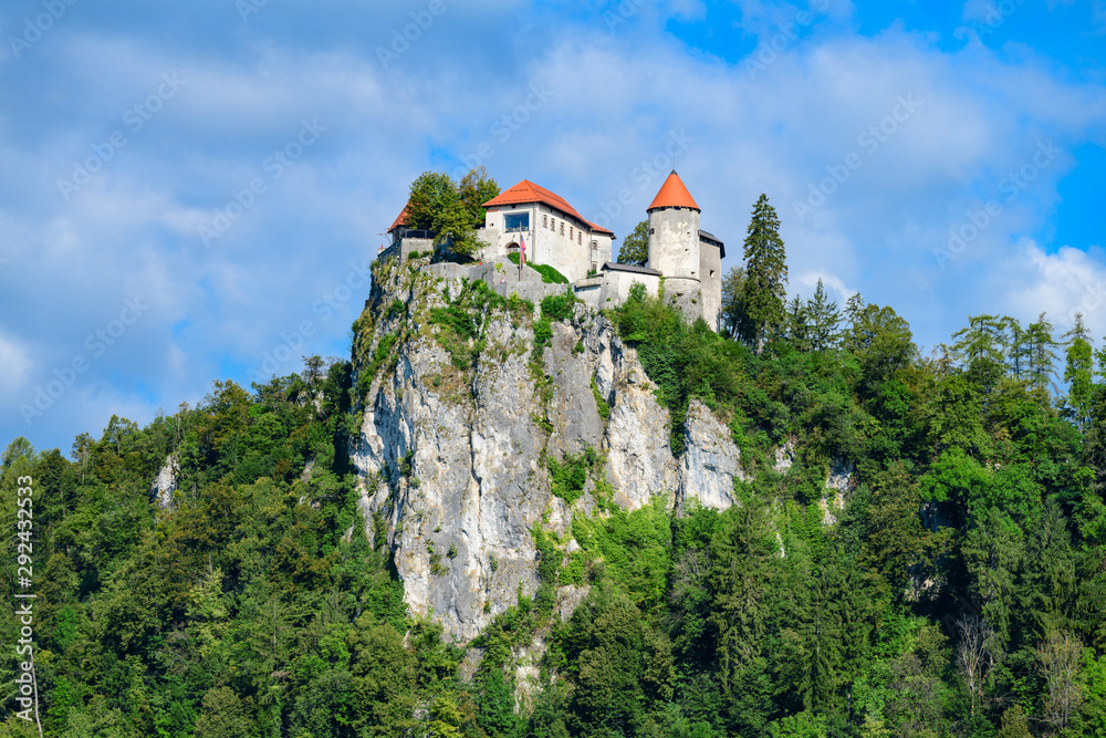 The historic medieval castle on a rock on the shore of Lake Bled is a symbol of Slovenia.