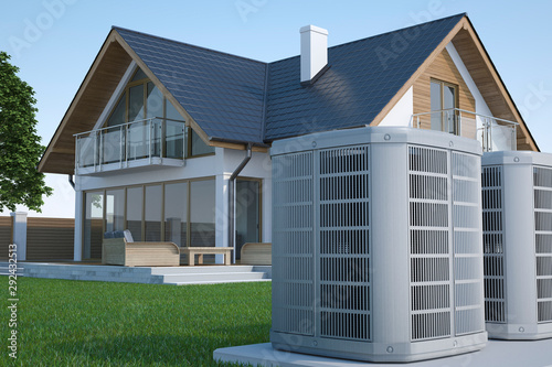 Air heat pump and house, 3d illustration 