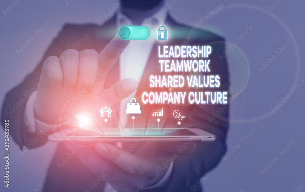 Handwriting text writing Leadership Teamwork Shared Values Company Culture. Conceptual photo Group Team Success Male human wear formal work suit presenting presentation using smart device Handwriting text writing Leadership Teamwork Shared Values Company Culture. Conceptual photo Group Team Success Male human wear formal work suit presenting presentation using smart device