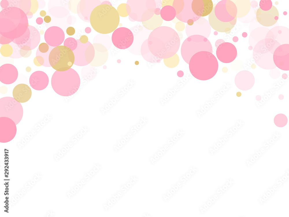 Gold, pink and rose color round confetti dots, circles chaotic scatter. 