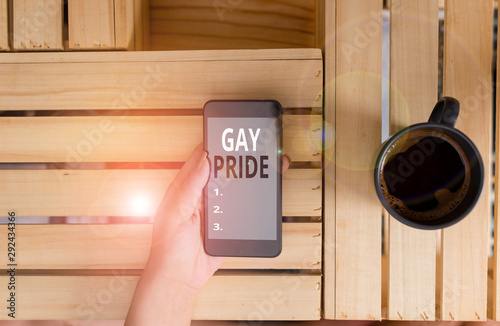 Handwriting text Gay Pride. Conceptual photo Dignity of an idividual that belongs to either a analysis or woanalysis woman computer smartphone drink mug office supplies technological devices