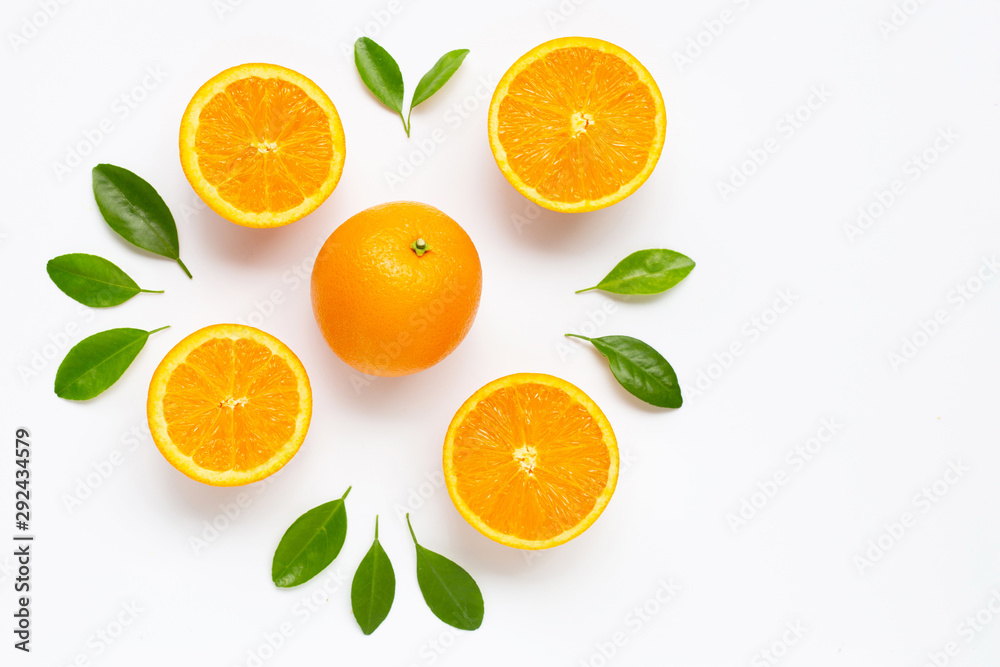 Fresh orange citrus fruit with leaves isolated on white background. Fresh orange citrus fruit with leaves isolated on white background.