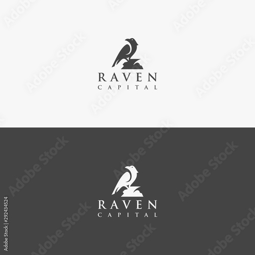 Classic Silhouette of Raven Bird on Rock for Nature Wildlife Vintage Label logo design Creative Concept Original