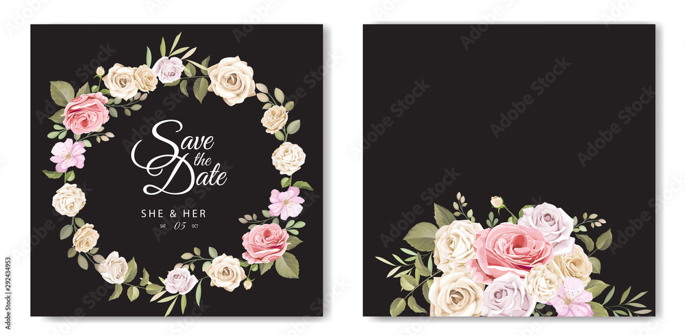 Naklejka beautiful wedding invitation card with floral and leaves template