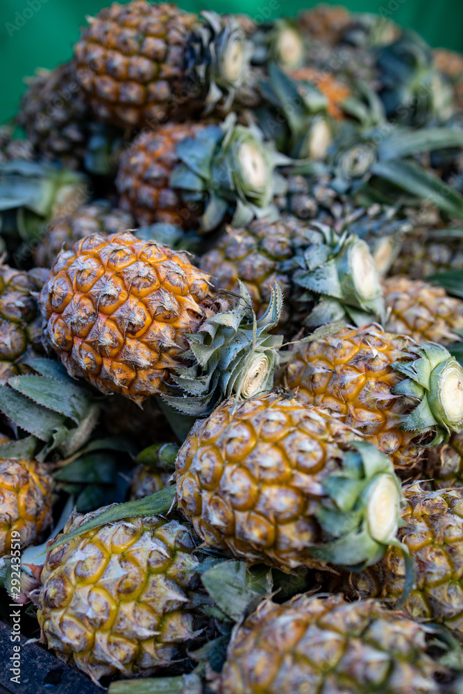A group of fresh small pineapple fruits at Thai Market