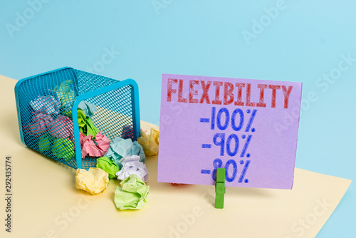 Word writing text Flexibility 100 Percent 90 Percent 80 Percent. Business photo showcasing How much flexible you are maleability level Trash bin crumpled paper clothespin empty reminder office