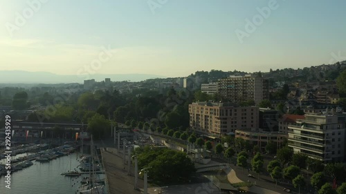 sunset evening time lausanne city bay dock aerial panorama 4k switzerland
