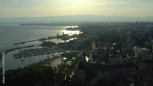 sunset evening time lausanne city traffic bay dock aerial panorama 4k switzerland