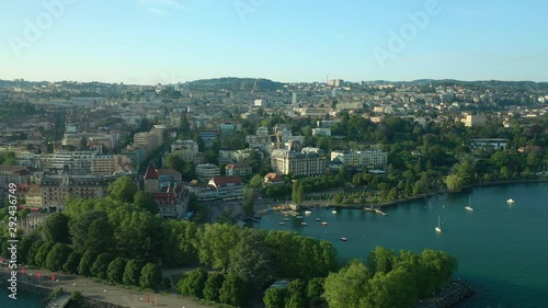 sunset evening time lausanne city bay aerial panorama 4k switzerland