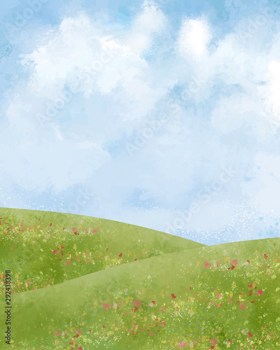丘　大地　緑　景色　青空　空　自然　背景　水彩　手描き　青空　空