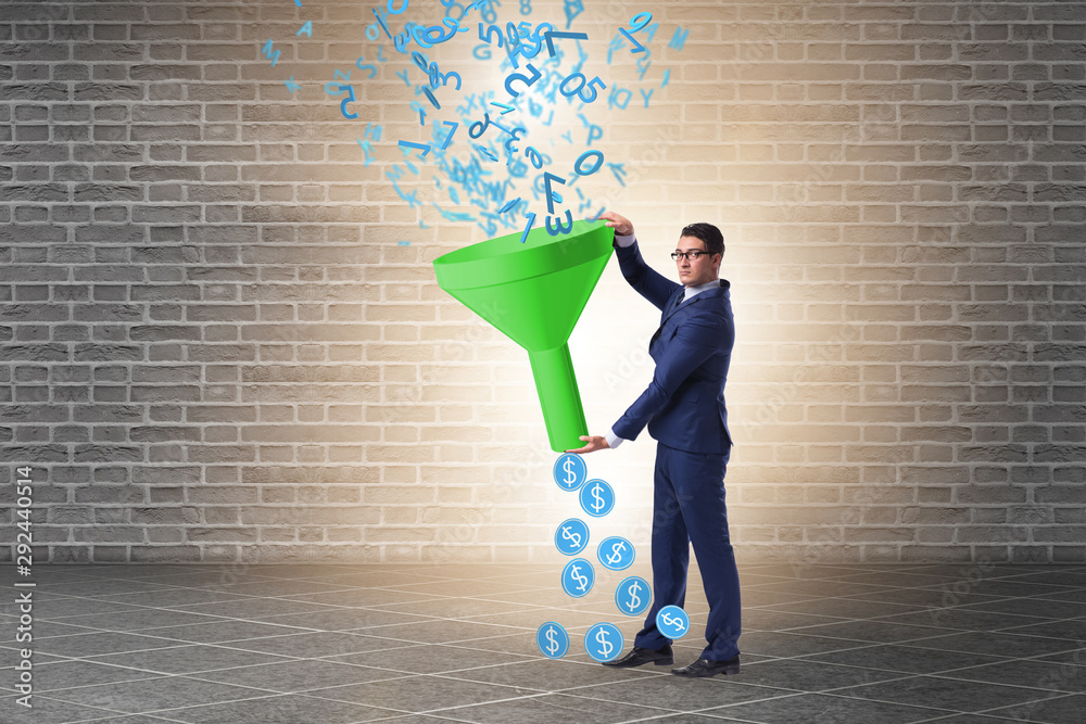 Data monetization concept with funnel and businessman Data monetization concept with funnel and businessman