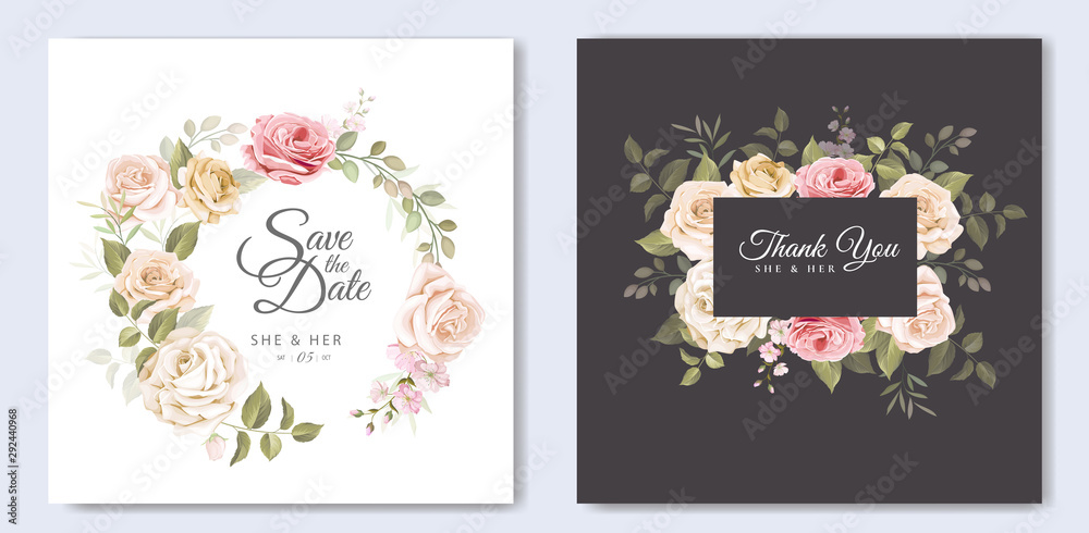 beautiful wedding invitation card with floral and leaves template