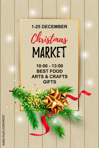 Merry Christmas, Happy New year card with new year tree branch, golden confetti, paper sheet. Place for text. Great for invites, sale, greetings, christmas market, flyer, poster. Vector illustration.