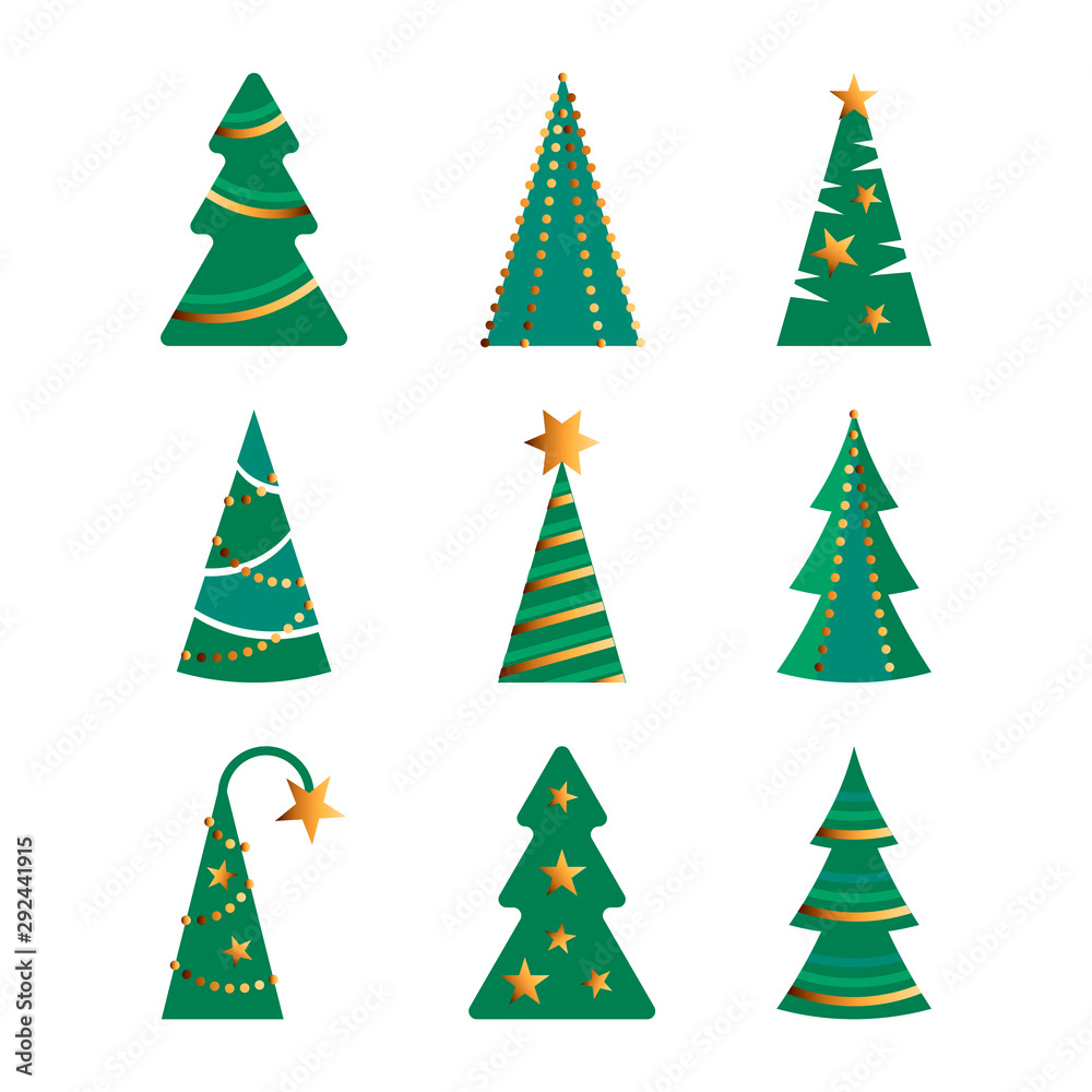 Christmas trees vector illustration set on white background. Flat style design.