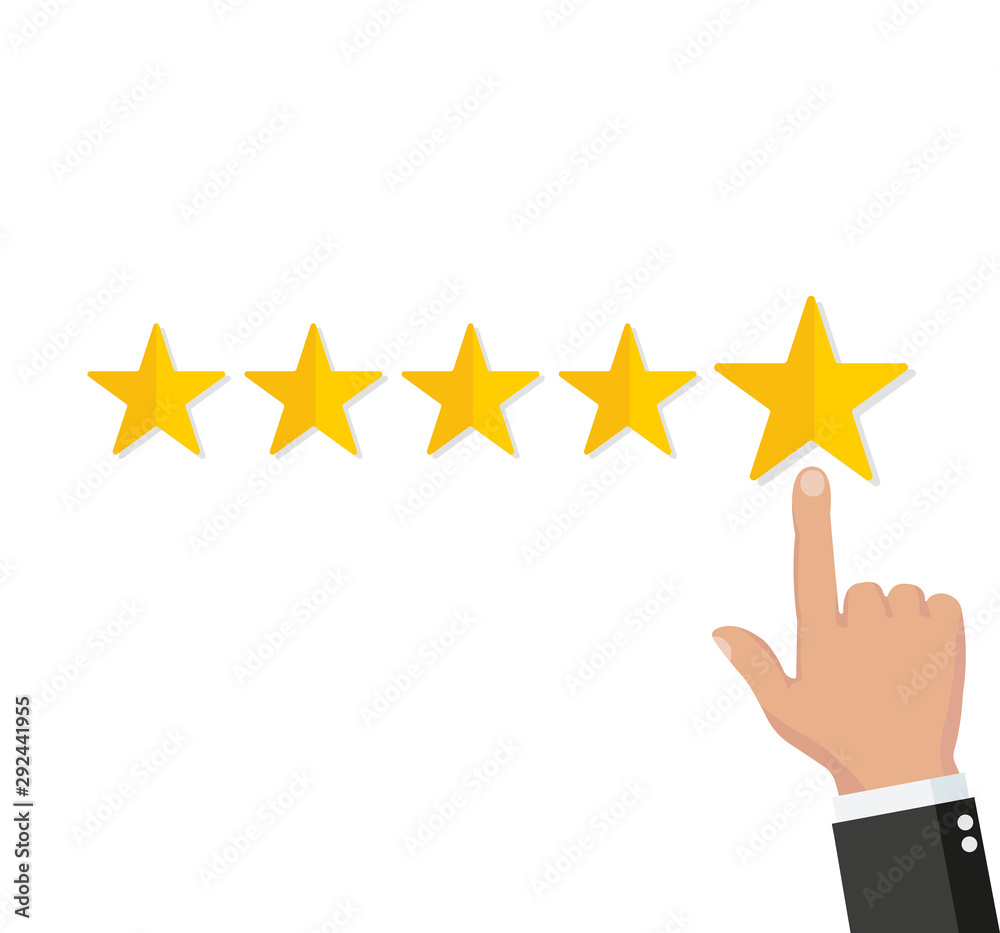 Hand with pointing finger pointing to rating stars. Flat design - stock vector Hand with pointing finger pointing to rating stars. Flat design - stock vector