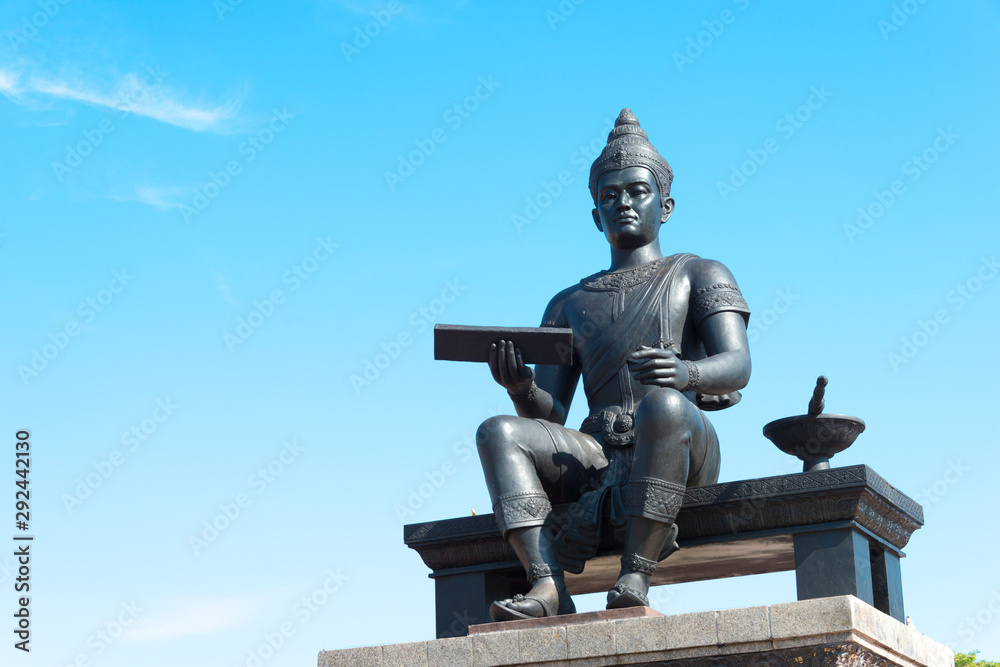 Sukhothai, Thailand - Apr 08 2018: Monument of King Ramkhamhaeng The Great in Sukhothai Historical Park, Sukhothai, Thailand.