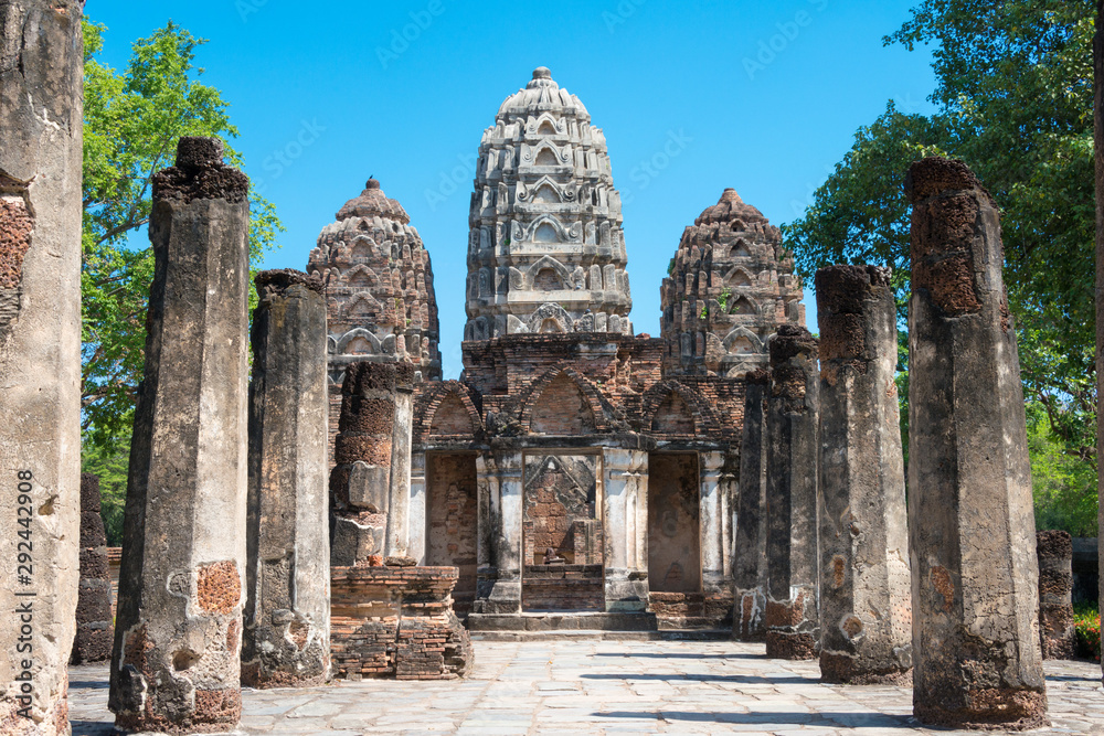 Sukhothai, Thailand - Apr 08 2018: Wat Si Sawai in Sukhothai Historical Park, Sukhothai, Thailand. It is part of the World Heritage Site - Historic Town of Sukhothai and Associated Historic Towns.