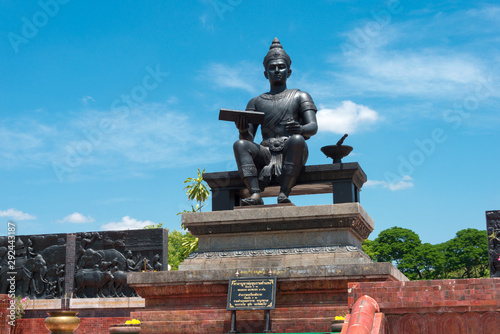 Sukhothai, Thailand - Apr 08 2018: Monument of King Ramkhamhaeng The Great in Sukhothai Historical Park, Sukhothai, Thailand.