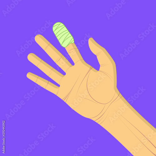 Image of a hand with a bandaged finger. First aid for cuts.