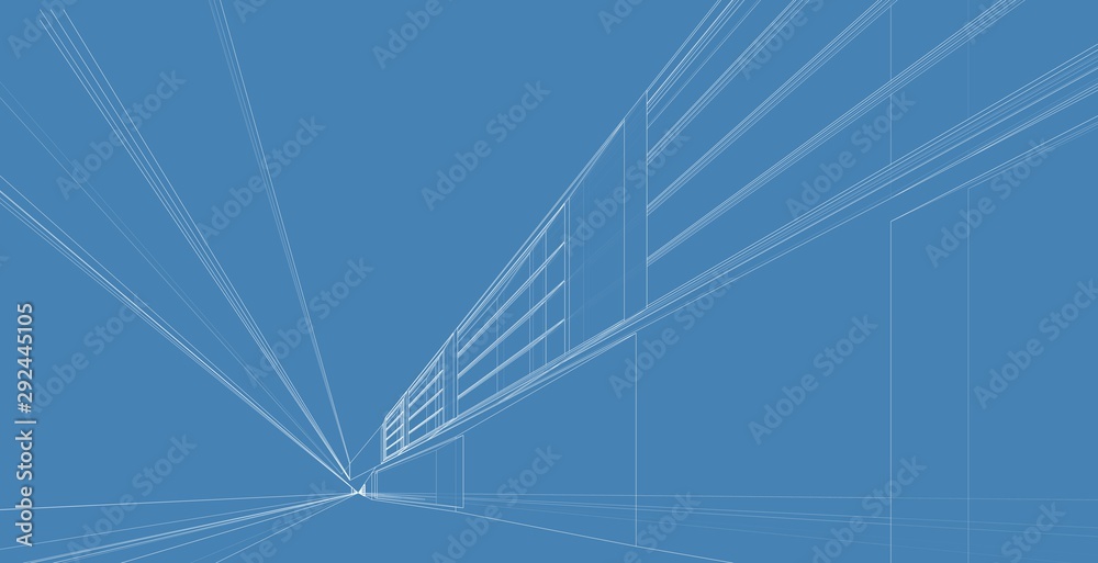 Fototapeta Modern architecture wireframe. Concept of urban wireframe. Wireframe building 3D illustration of architecture
