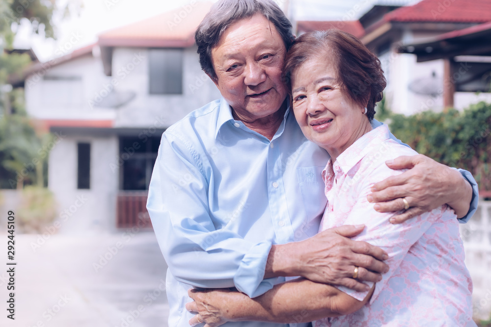 Happy elderly couple with lifestyle after retiree concept. Lovely asian seniors couple embracing together . Happy elderly couple with lifestyle after retiree concept. Lovely asian seniors couple embracing together .