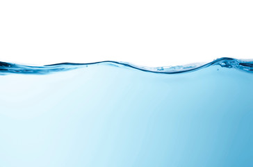 Blue water splashs wave surface with bubbles of air on white background.