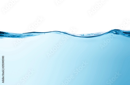 Blue water splashs wave surface with bubbles of air on white background. photo