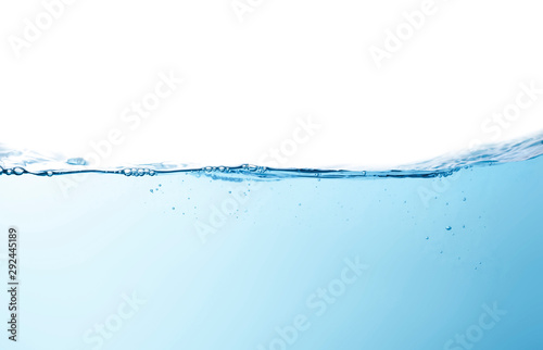 Blue water splashs wave surface with bubbles of air on white background.