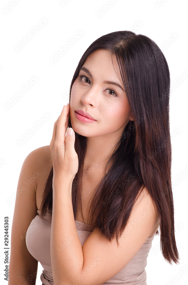 asian young beautiful woman smiling and touching her face, isolated over white background. natural makeup, SPA therapy, skincare, cosmetology and plastic surgery concept asian young beautiful woman smiling and touching her face, isolated over white background. natural makeup, SPA therapy, skincare, cosmetology and plastic surgery concept