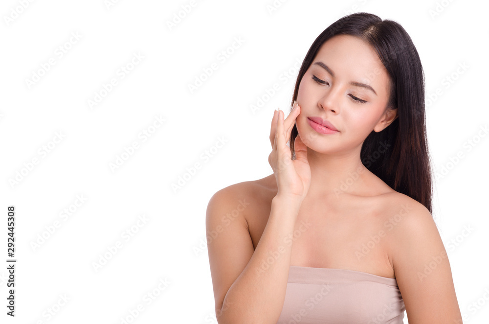 asian young beautiful woman smiling and touching her face, isolated over white background. natural makeup, SPA therapy, skincare, cosmetology and plastic surgery concept