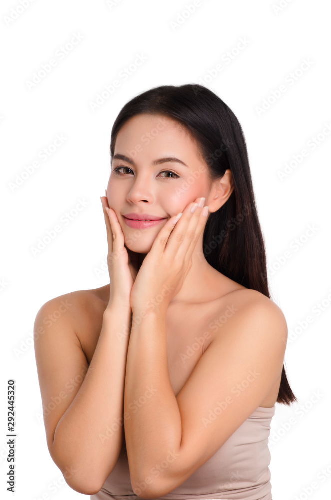 asian young beautiful woman smiling and touching her face, isolated over white background. natural makeup, SPA therapy, skincare, cosmetology and plastic surgery concept asian young beautiful woman smiling and touching her face, isolated over white background. natural makeup, SPA therapy, skincare, cosmetology and plastic surgery concept