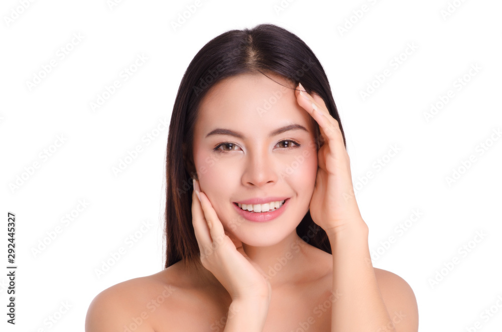asian young beautiful woman smiling and touching her face, isolated over white background. natural makeup, SPA therapy, skincare, cosmetology and plastic surgery concept asian young beautiful woman smiling and touching her face, isolated over white background. natural makeup, SPA therapy, skincare, cosmetology and plastic surgery concept