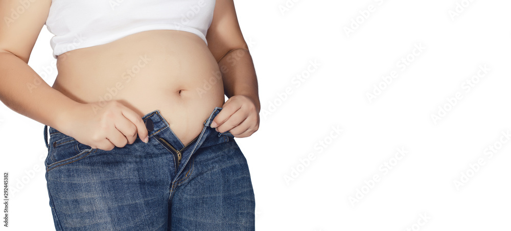 Fat woman trying to wear jeans On a white background Fat woman trying to wear jeans On a white background