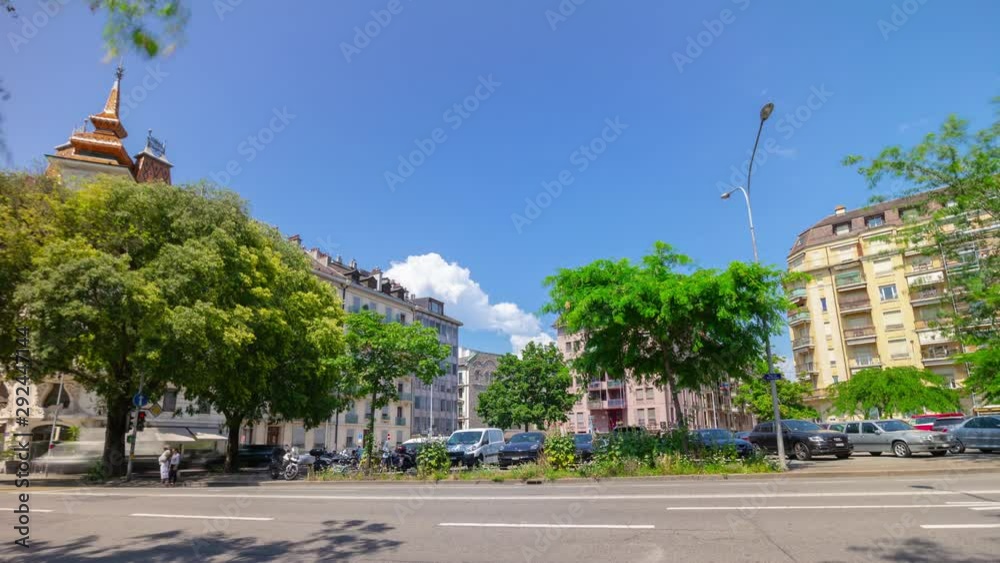 sunny day geneva city center traffic street panorama 4k timelapse switzerland sunny day geneva city center traffic street panorama 4k timelapse switzerland