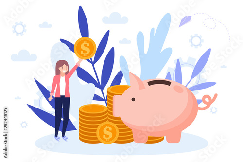 Saving money concept, piggy bank with coins, girl holding coin. Flat vector illustration isolated on white background. Can use for web banner, infographics, web page.