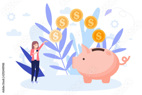Saving money concept, piggy bank with coins, girl holding coin. Flat vector illustration isolated on white background. Can use for web banner, infographics, web page.