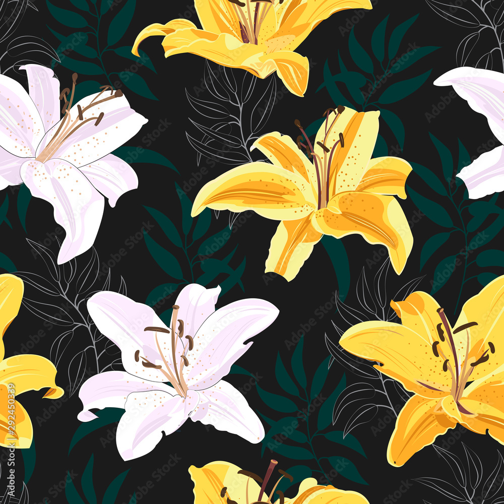 Lily flower seamless pattern on black background, White and yellow lily ...