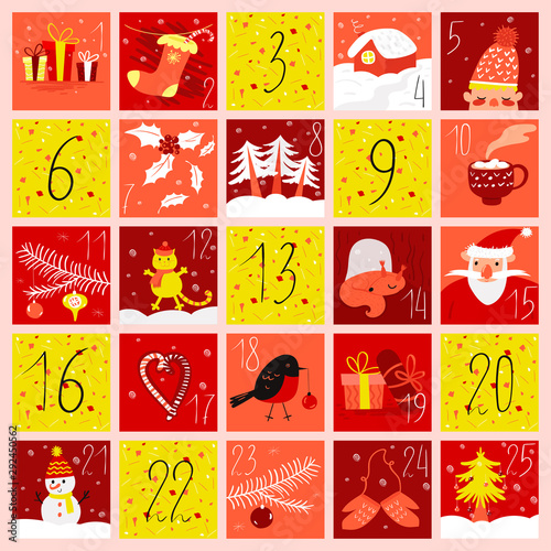 Advent calendar in doodle style. Christmas illustration.